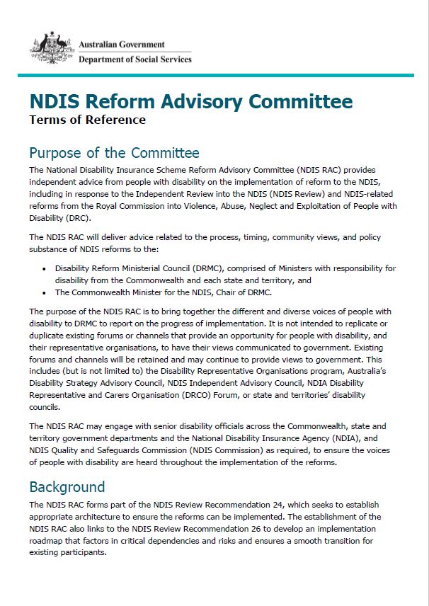 NDIS Reform Advisory Committee Terms of Reference cover image