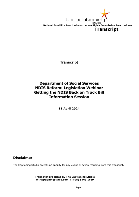 Transcript of the NDIS Legislation webinar cover page