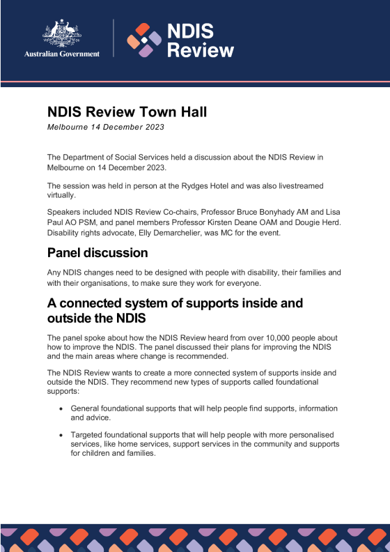 NDIS Review Town Hall – 14 December 2023 (Melbourne) cover page
