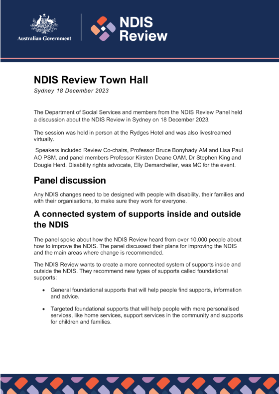 NDIS Review Town Hall – 18 December 2023 (Sydney) cover page