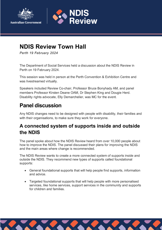 NDIS Review Town Hall – 19 February 2024 (Perth) cover page