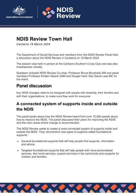 NDIS Review Town Hall – 19 March 2024 (Canberra) cover page