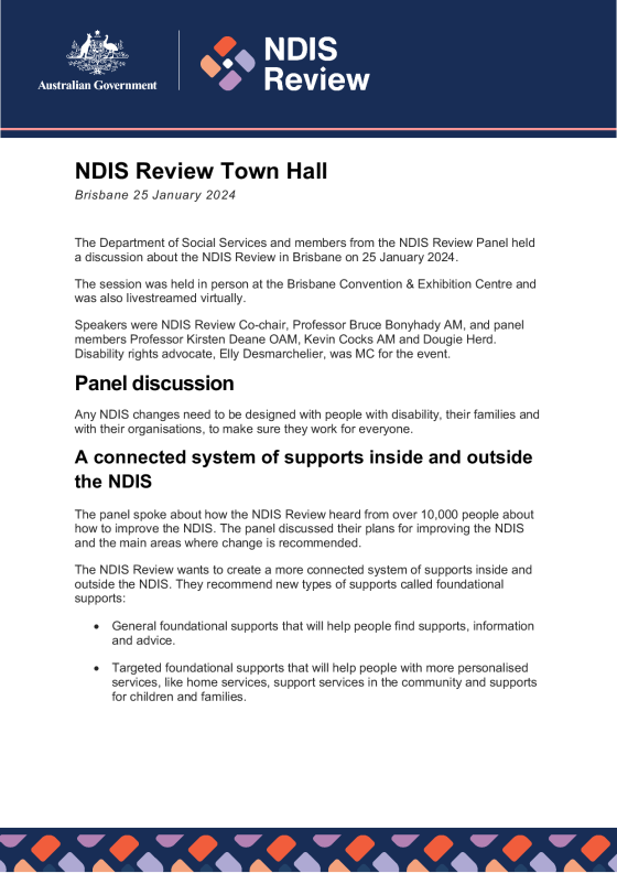 NDIS Review Town Hall – 25 January 2024 (Brisbane) cover sheet