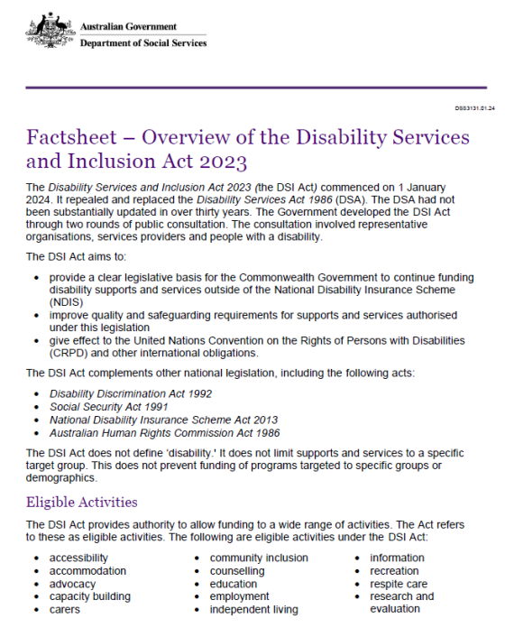 Overview of the Disability Services and Inclusion Act 2023 Cover page