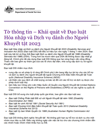 Vietnamese cover page for the Overview of the disability services and Inclusion Act 2023