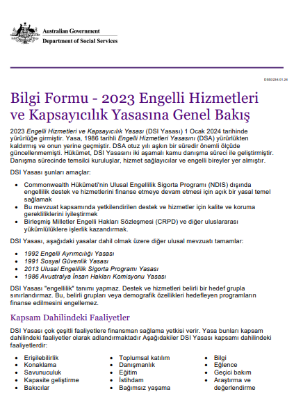 Turkish cover page for the Overview of the disability services and Inclusion Act 2023