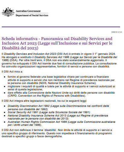 Spanish cover page for the Overview of the disability services and Inclusion Act 2023