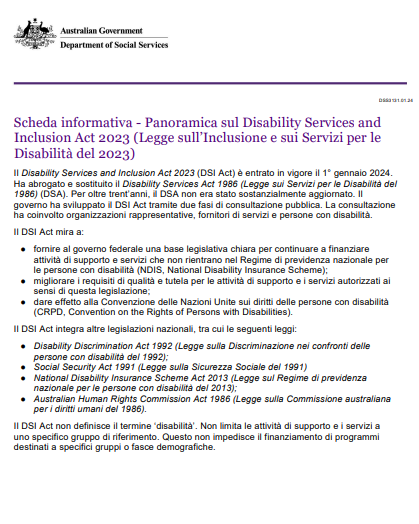 Italian cover page for the Overview of the disability services and Inclusion Act 2023