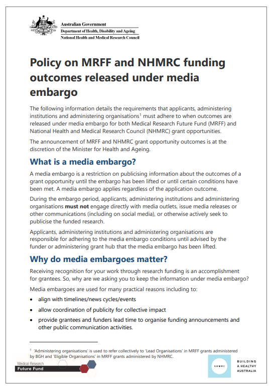 Policy on MRFF and NHMRC funding outcomes released under media embargo cover page