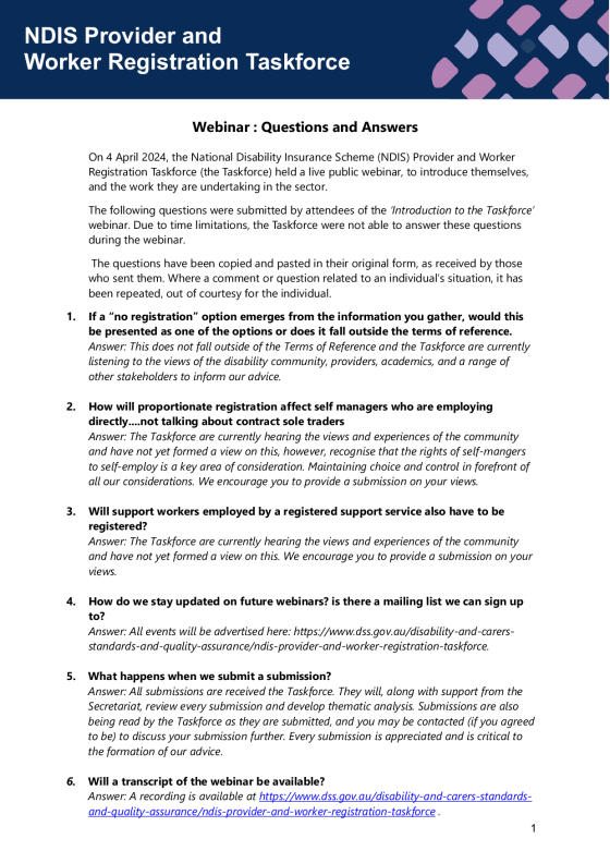 NDIS Provider and Worker Registration Taskforce Webinar Q&A cover page