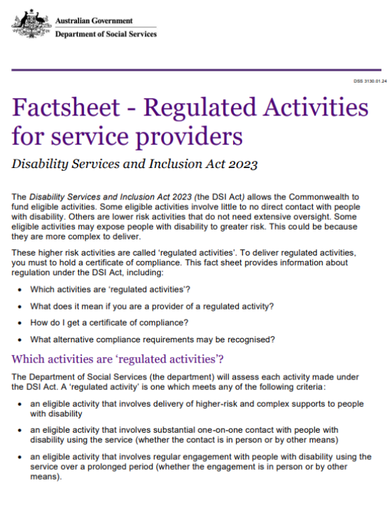 Regulated Activities for service providers fact sheet cover page