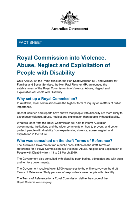 Royal Commission into Violence, Abuse, Neglect and Exploitation of People with Disability fact sheet cover page