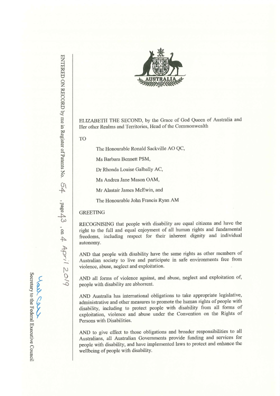 Royal Commission into Violence, Abuse, Neglect and Exploitation of People with Disability Letters Patent – Terms of Reference cover page