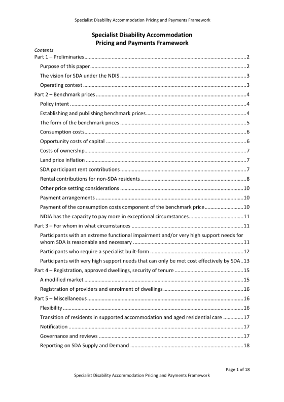 Specialist Disability Accommodation Pricing and Payments Framework