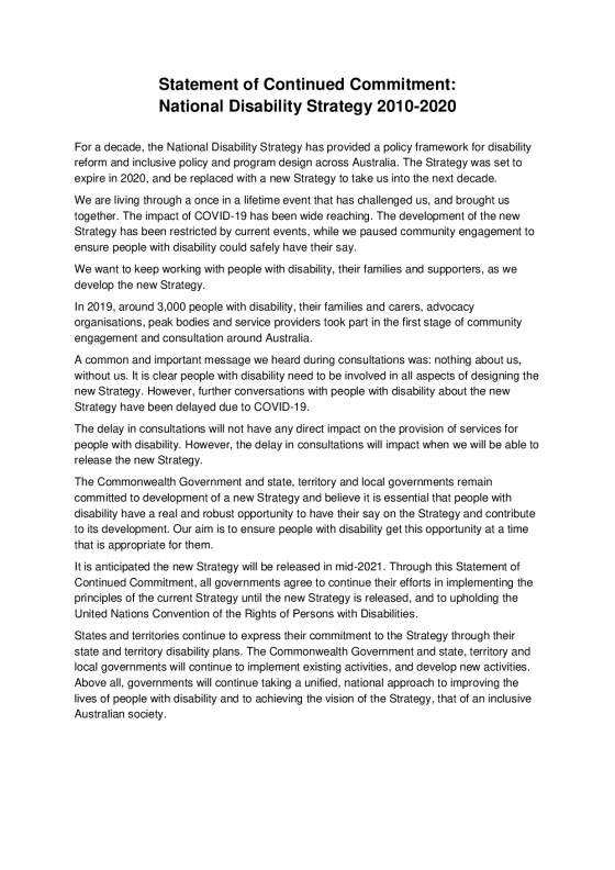 Statement of Continued Commitment: National Disability Strategy 2010–2020 cover page