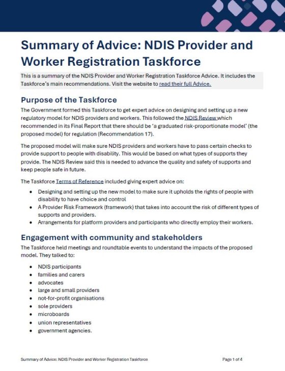 Summary of Advice – NDIS Provider and Worker Registration Taskforce COVER PAGE