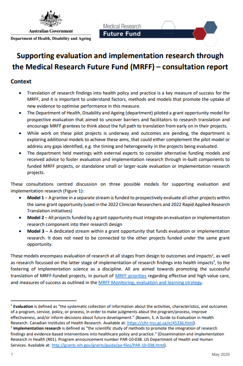 Cover page for the Supporting evaluation and implementation research through the Medical Research Future Fund – consultation report