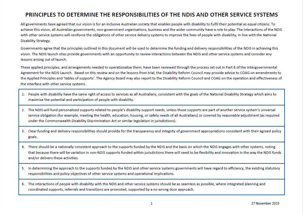 The Applied Principles and Tables of Support to Determine the Responsibilities of the NDIS and other Service Systems cover page