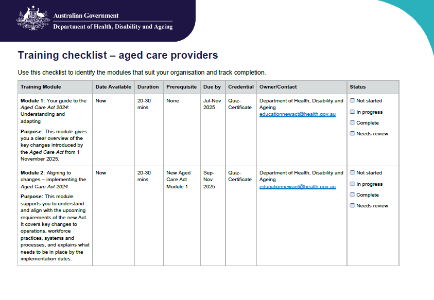 Cover page for the aged care providers training check list