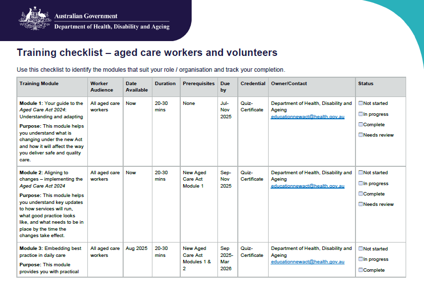 Cover page for the aged care workers and volunteers training checklist