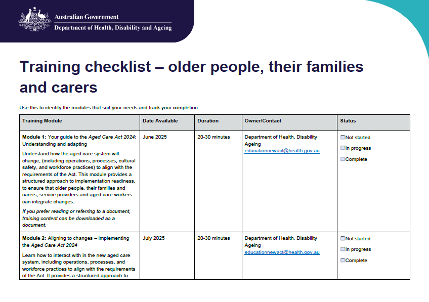 Cover page for the older people, their families and carers training checklist