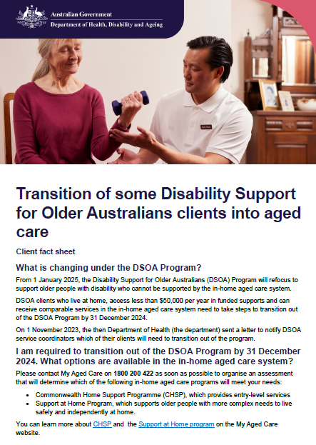 Transition of some Disability Support for Older Australians clients into aged care cover page
