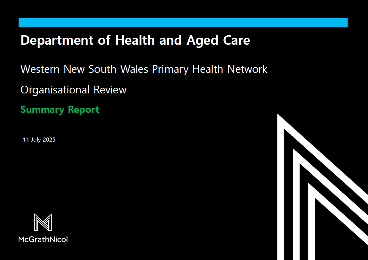Cover page for the Western New South Wales Primary Health Network (WNSWPHN) Organisation review – Summary report
