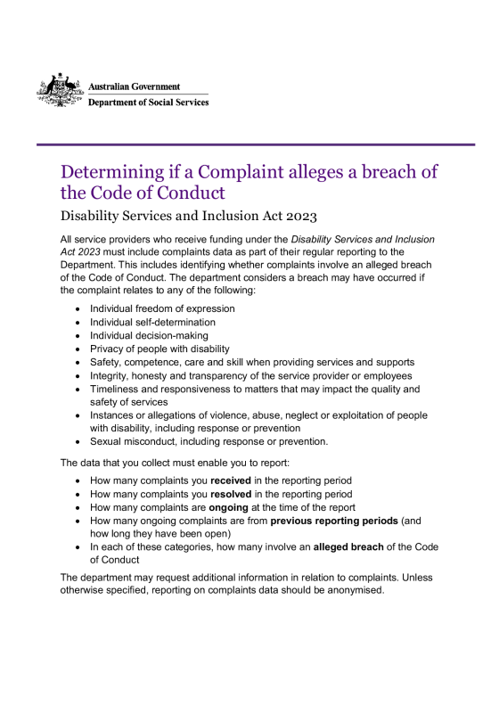Determining if a complaint alleges a breach of Code of Conduct cover page