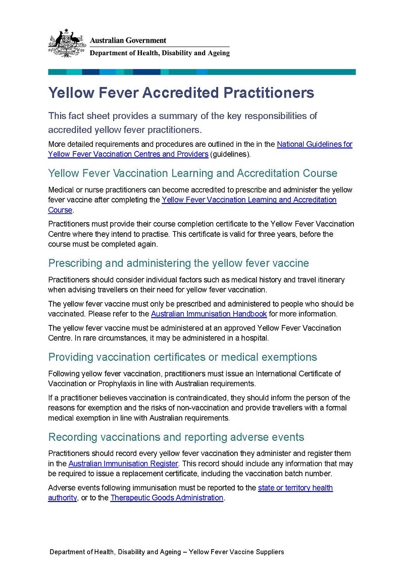 Yellow fever accredited practitioners fact sheet cover page