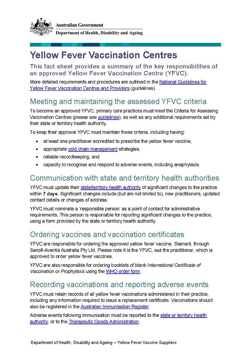 Yellow fever Vaccination centres fact sheet cover page