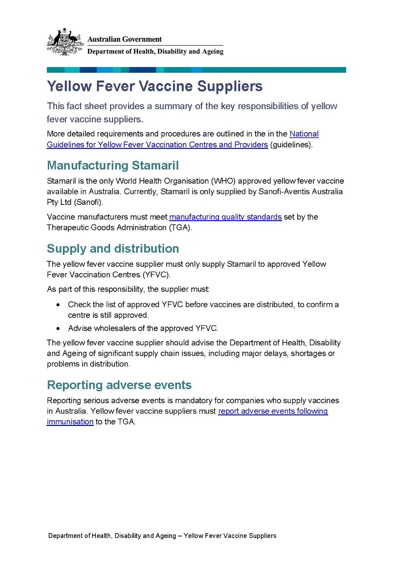 Yellow fever vaccine supplies fact sheet cover page