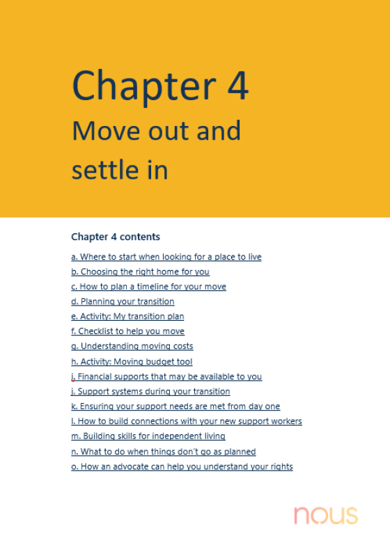 Younger people in residential aged care (YPIRAC) toolkit – Chapter 4: Move out and settle in cover page