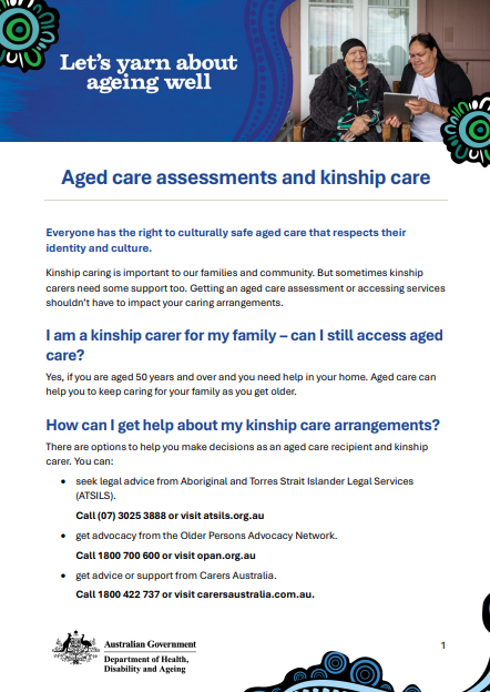 Cover page for Aged care assessments and kinship care fact sheet