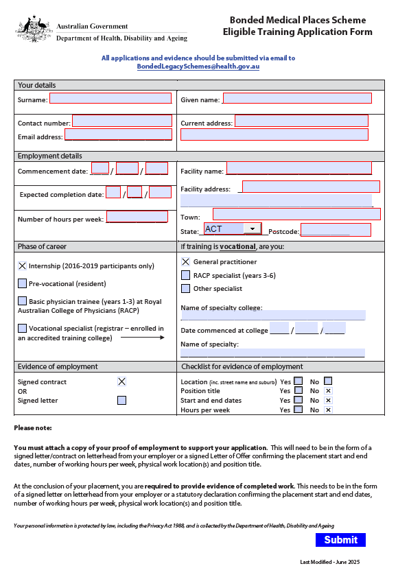 Cover page for the Bonded Medical Places Scheme – eligible training application form