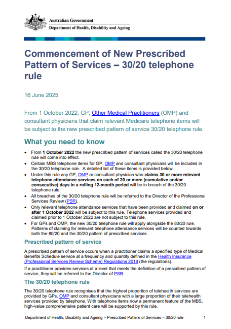 Cover page for the Commencement of new prescribed pattern of services – 30-20 telephone rule