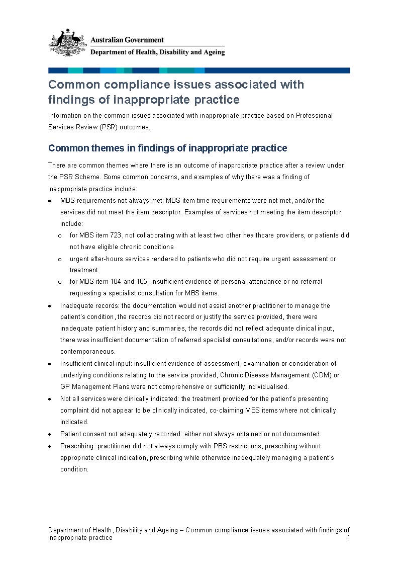 Common compliance issues associated with findings of inappropriate practice