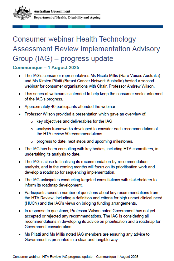 Cover page for the Health Technology Assessment Review Implementation Advisory Group consumer webinar update