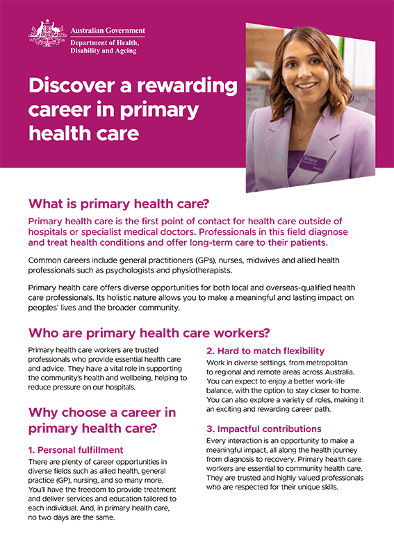 This fact sheet contains information about what primary health care is, the workforce and choosing a career in primary health care.