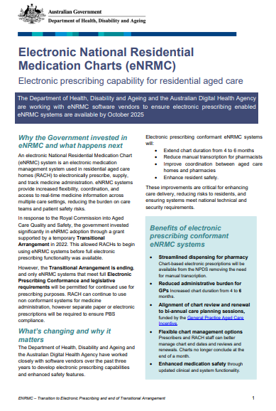Electronic National Residential Medication Chart (eNRMC) cover page
