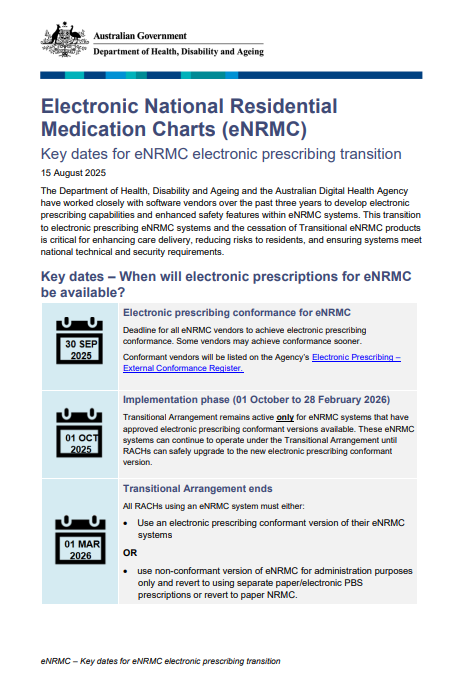 Cover page for the Key dates for eNRMC electronic prescribing transition