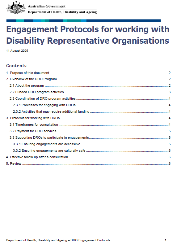 Cover page for the Engagement Protocols for working with Disability Representative Organisations