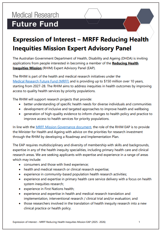 Cover page for the MRFF Expression of interest