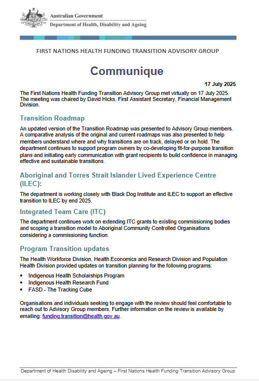 Cover page for the FNHFTAG communique 17 July 2025
