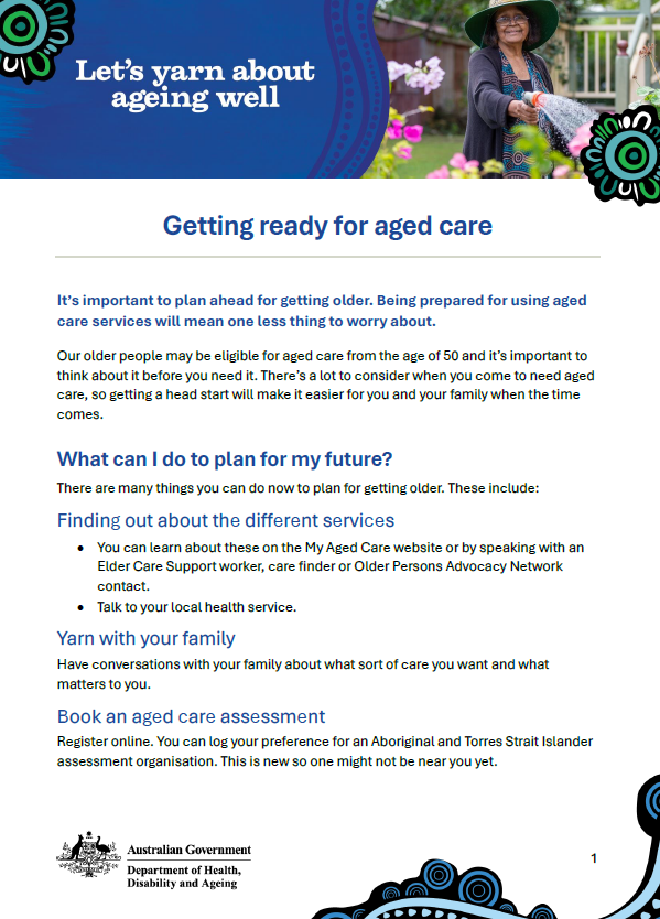 Cover page for Getting ready for aged care fact sheet