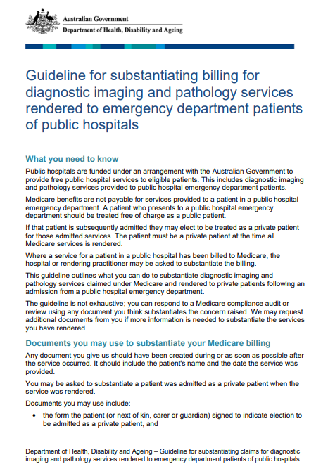 Cover page for the Guideline for substantiating claims for diagnostic imaging and pathology services rendered to emergency department patients of public hospitals