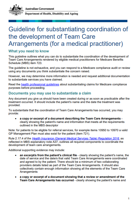 Cover page for the Guideline for substantiating coordination of the development of Team Care Arrangements (for a medical practitioner)