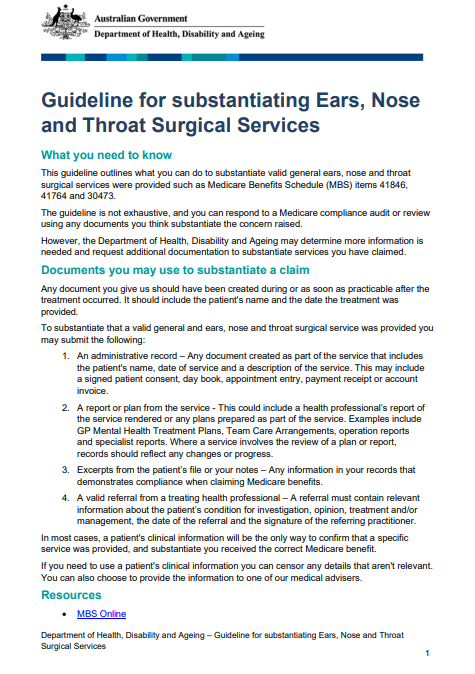 Cover page for the Guideline for substantiating Ears, Nose and Throat Surgical Services
