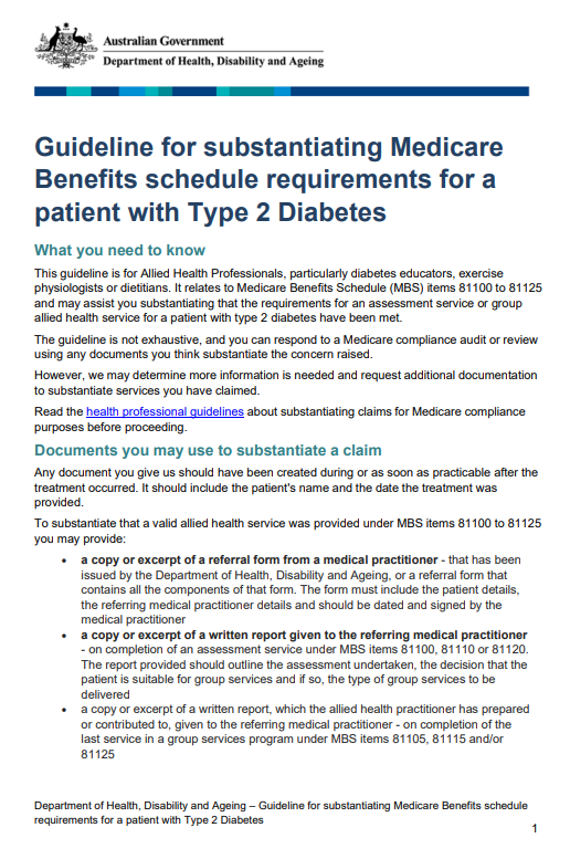 Cover page for the Guideline for substantiating Medicare Benefits schedule requirements for a patient with Type 2 Diabetes