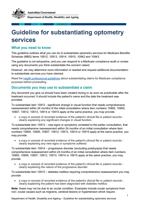Cover page for the Guideline for substantiating optometry services