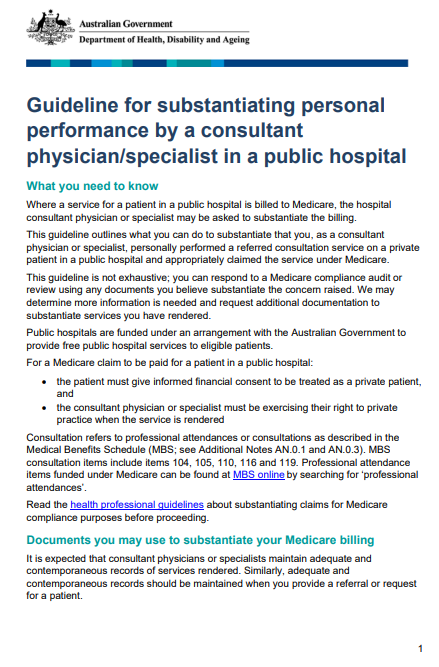 Cover page for the Guideline for substantiating personal performance by a consultant physician-specialist in a public hospital